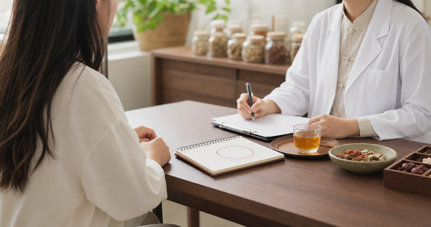 中醫師在診間與女性患者討論多囊性卵巢與月經週期調理